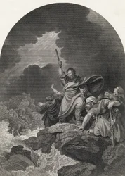 De vernietiging van het leger van de farao, gegraveerd door S. Allen, uit 